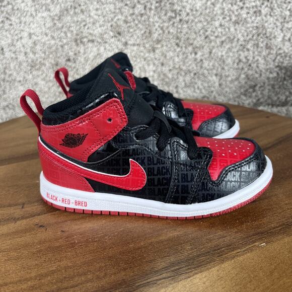 Size 9c - New Air Jordan 1 Mid SS TD Bred Black Gym Red White Toddler DM9649 001 - Picture 2 of 12